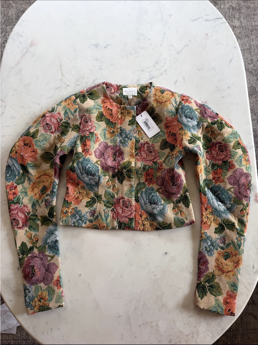 Line and Dot - Floral Tapestry Cropped Jacket - Multicolor Rose Print